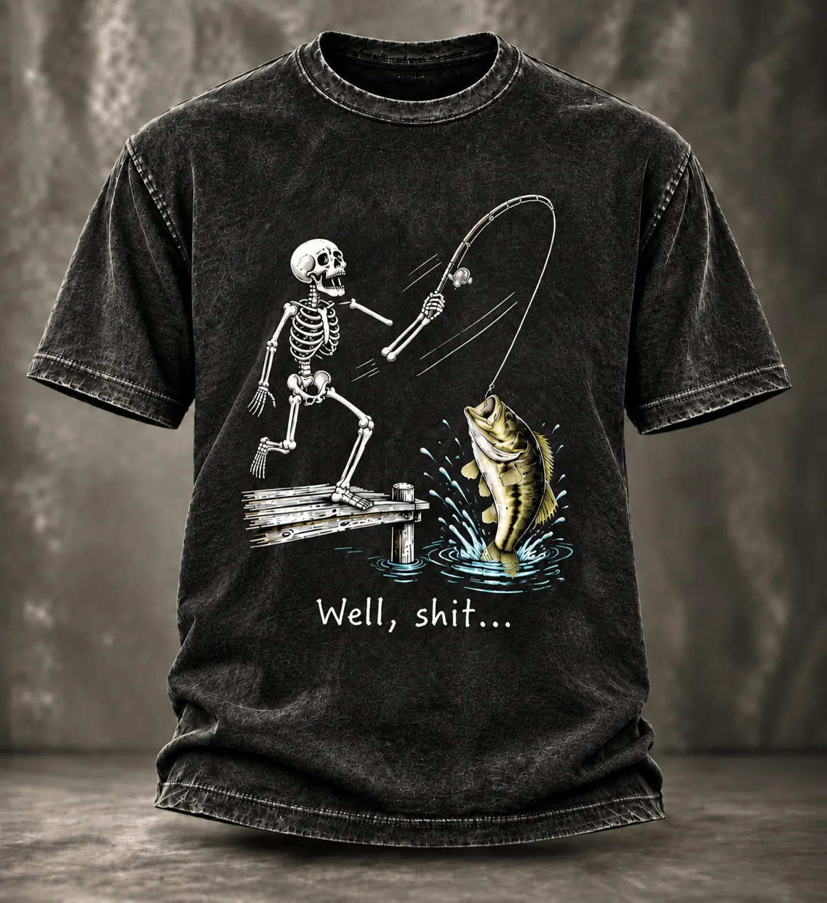 Men's Vintage Funny Fisherman Skeleton Bass Fishing Well Shit Graphic Print Casual T-shirt