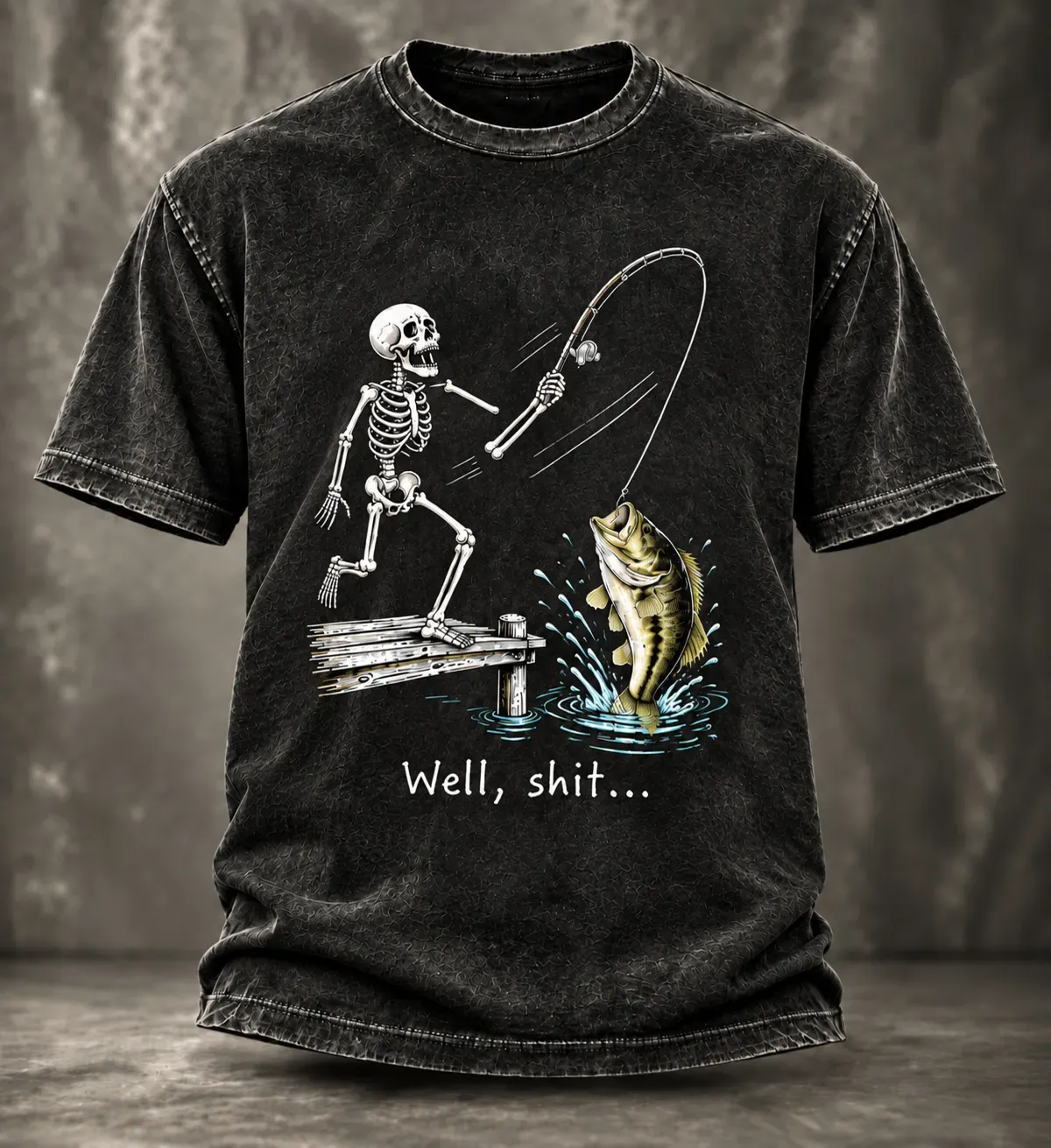 Men's Vintage Funny Fisherman Skeleton Bass Fishing Well Shit Graphic Print Washed T-Shirt