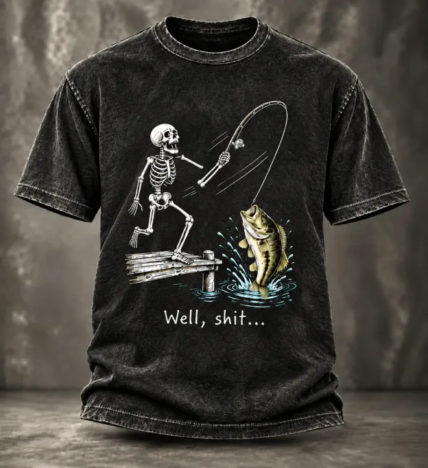 Men's Vintage Funny Fisherman Skeleton Bass Fishing Well Shit Graphic Print Casual T-shirt