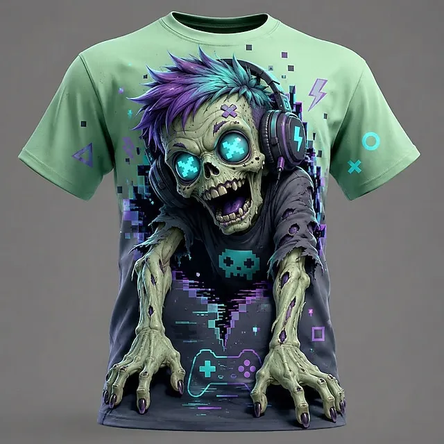 Halloween Fun Game Zombie Print Crew Neck T-shirt