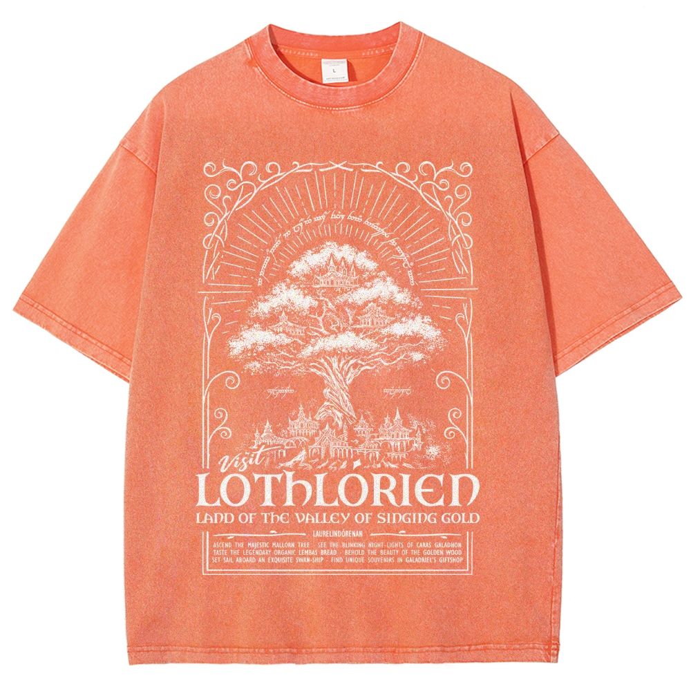 Fantasy Elven City Giant Tree Travel Poster Print Washed T - Shirt