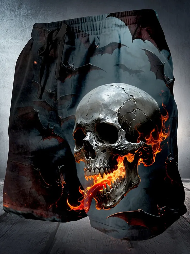 Men's Retro Halloween Flame Skull Pattern Casual Shorts
