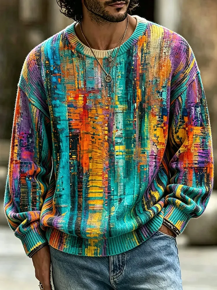 Men's Retro Abstract Geometric Print Long-sleeve Crew Neck Sweater