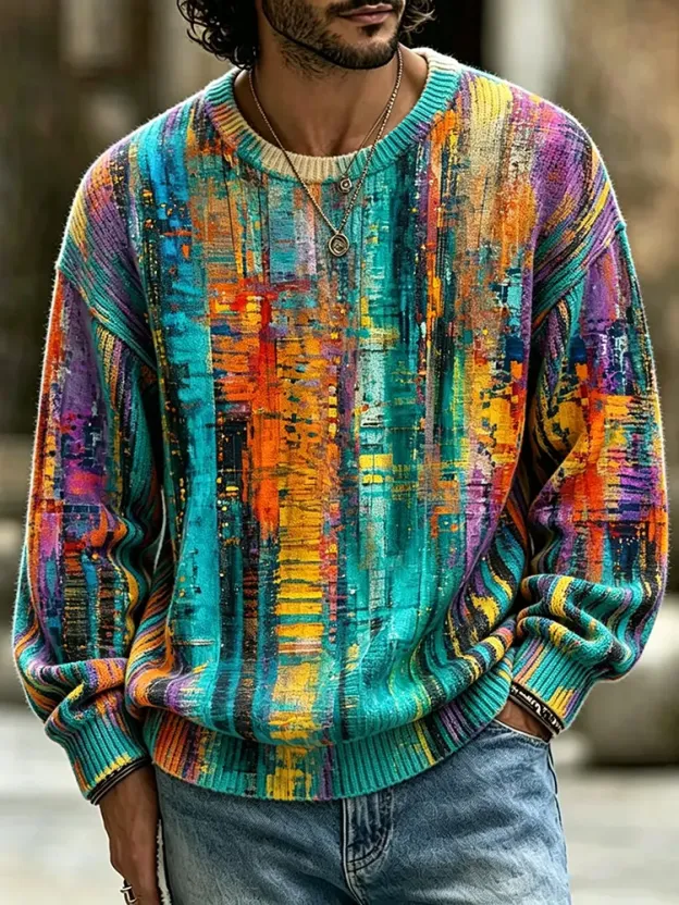 Men's Retro Abstract Geometric Print Long-sleeve Crew Neck Sweater