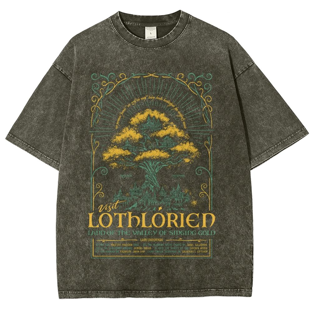Fantasy Elven City Giant Tree Travel Poster Print Washed T - Shirt