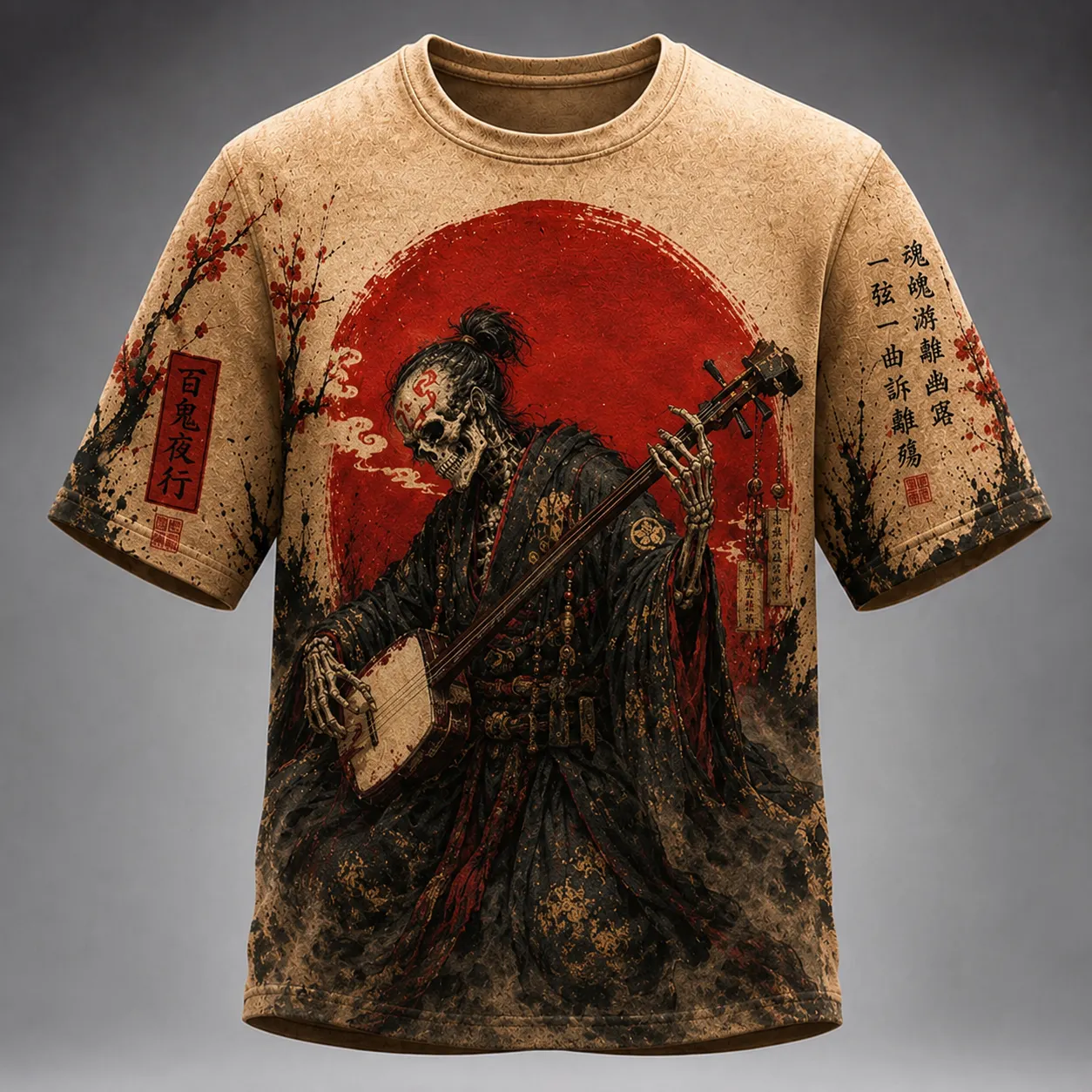Men's Ghost Shamisen Player Traditional Japanese Ukiyo‐e Art Graphic Print Casual T-shirt