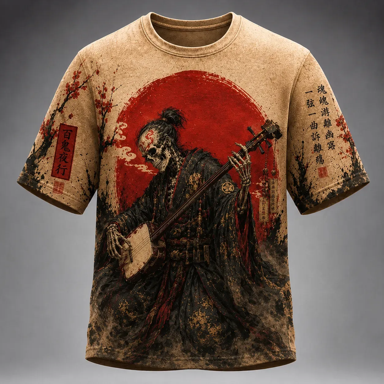 Men's Ghost Shamisen Player Traditional Japanese Ukiyo‐e Art Graphic Print Casual T-shirt