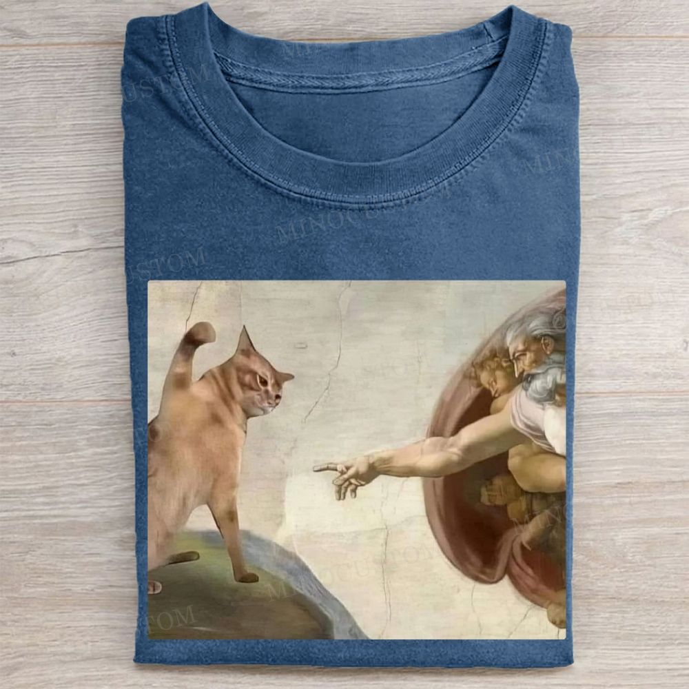 Funny cat print washed T-shirt