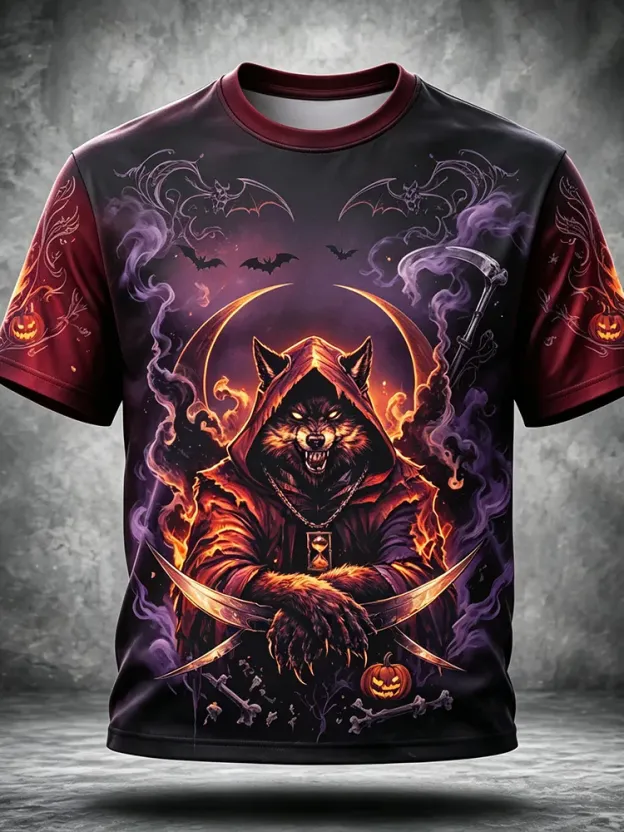 Men's Casual Short Sleeve T-shirt Featuring Hooded Werewolf Scythe And Jack-o'-lantern Graphic
