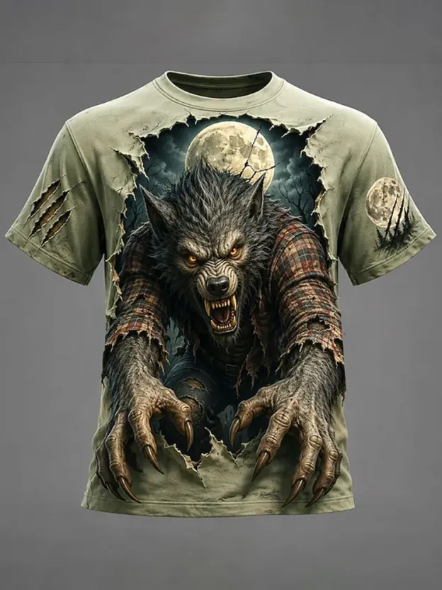 Men's Halloween Wolf Print Short-sleeve T-shirt