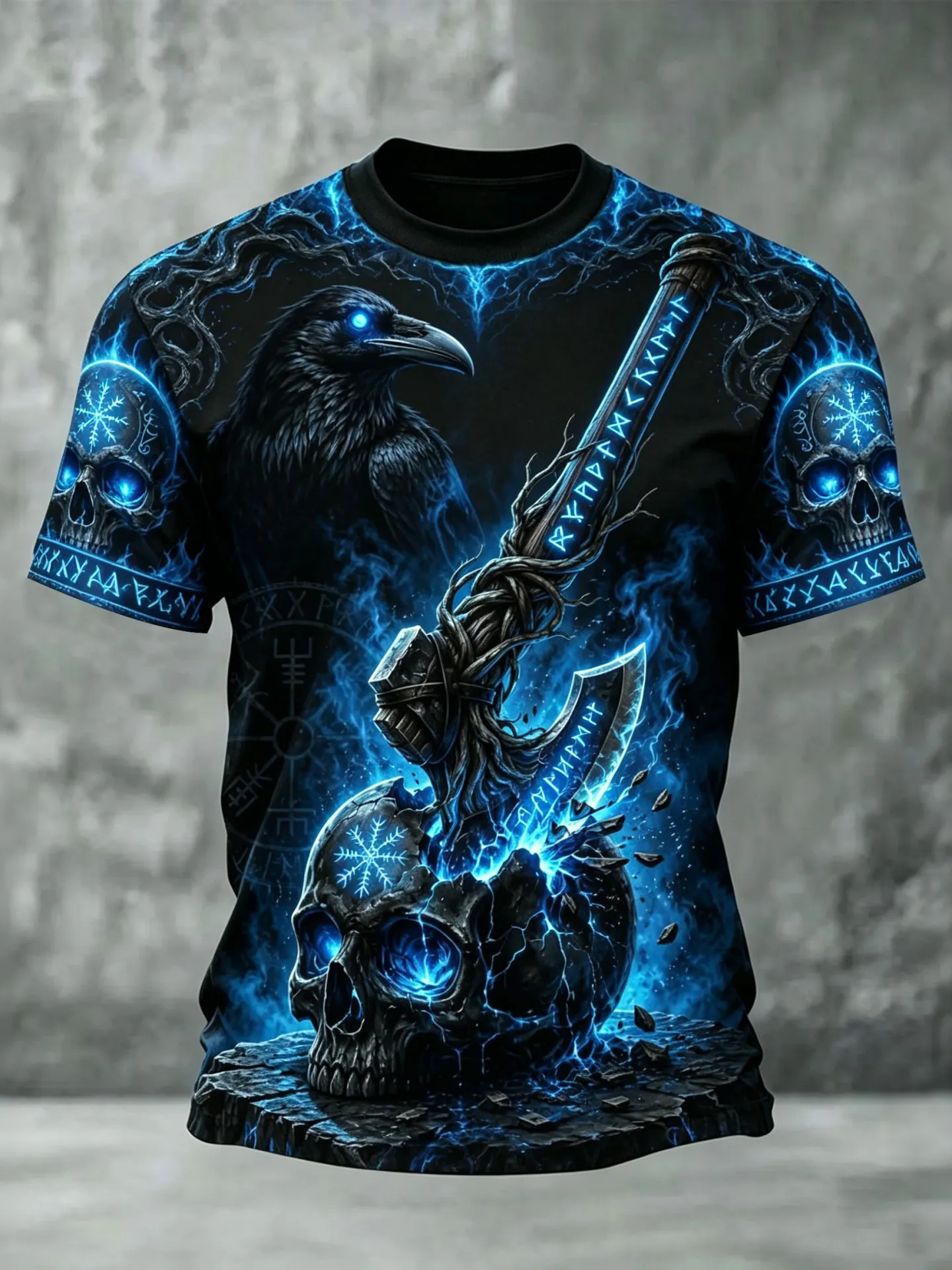 Men's Halloween Viking Axe Skull Raven Print Crew Neck Short Sleeve T-shirt