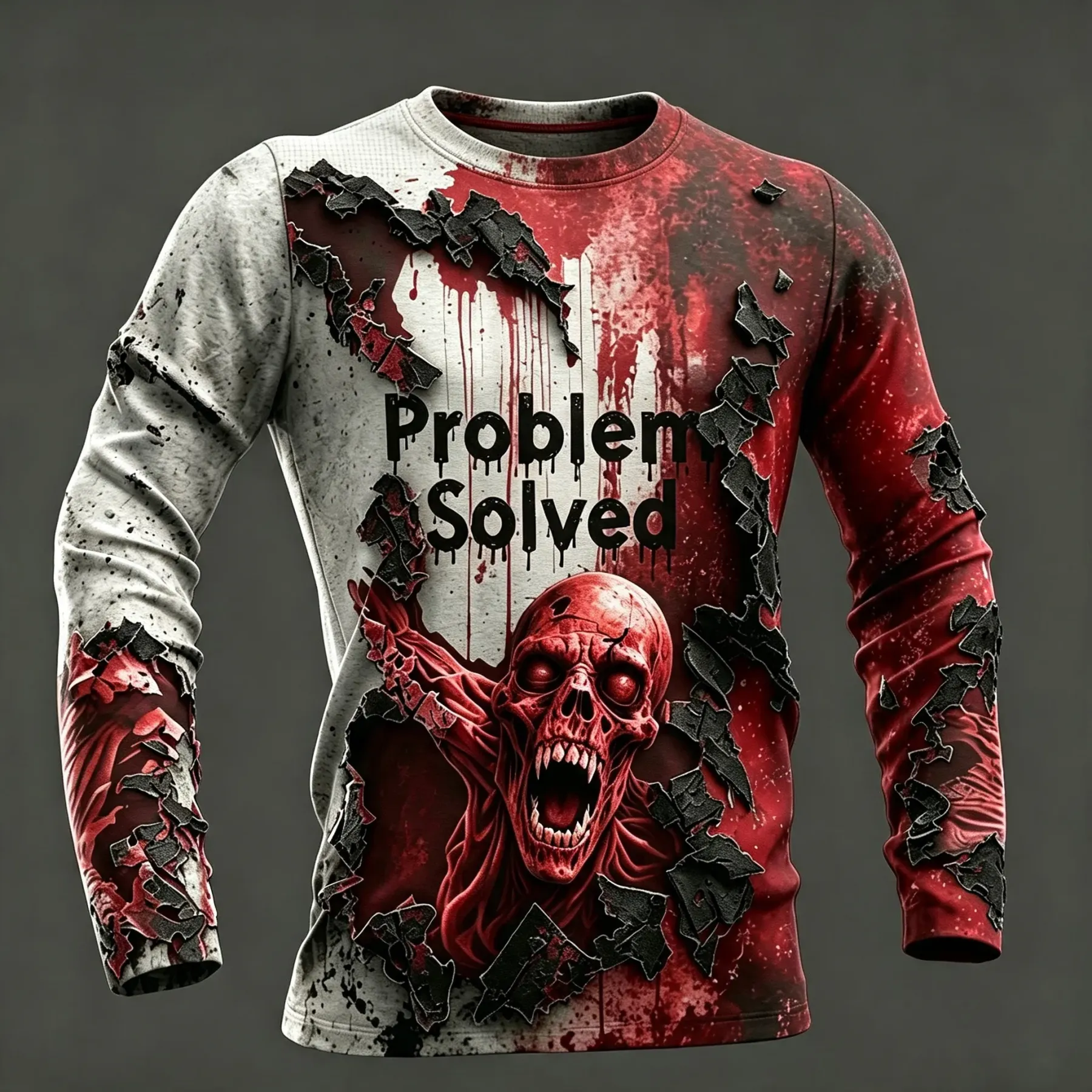Men's Classic Zombie Breakthrough 3d Problem Solved Horror Art Long Sleeves T-shirt