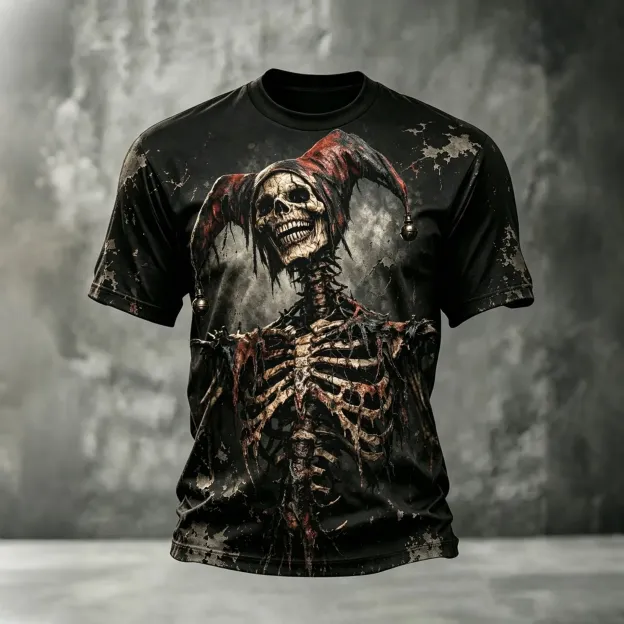 Men's Halloween Retro Clown Skull Print Crew Neck Short Sleeve T-shirt
