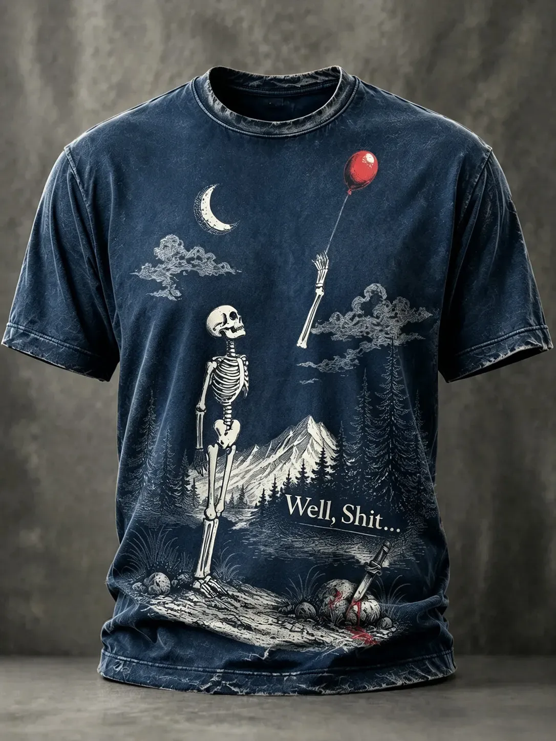 Men's Vintage Funny Skeleton Red Balloon Graphic Print Casual T-shirt