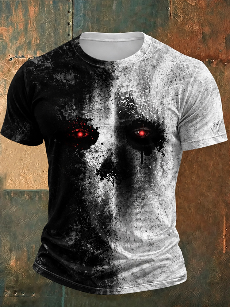 Men's Halloween Skull Ghost Face Art Black And White Color Block Print Distressed Crewneck T-shirt