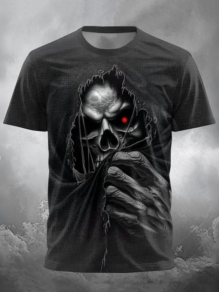 Men's Halloween Dark Skull Print Crew Neck Short Sleeve T-shirt