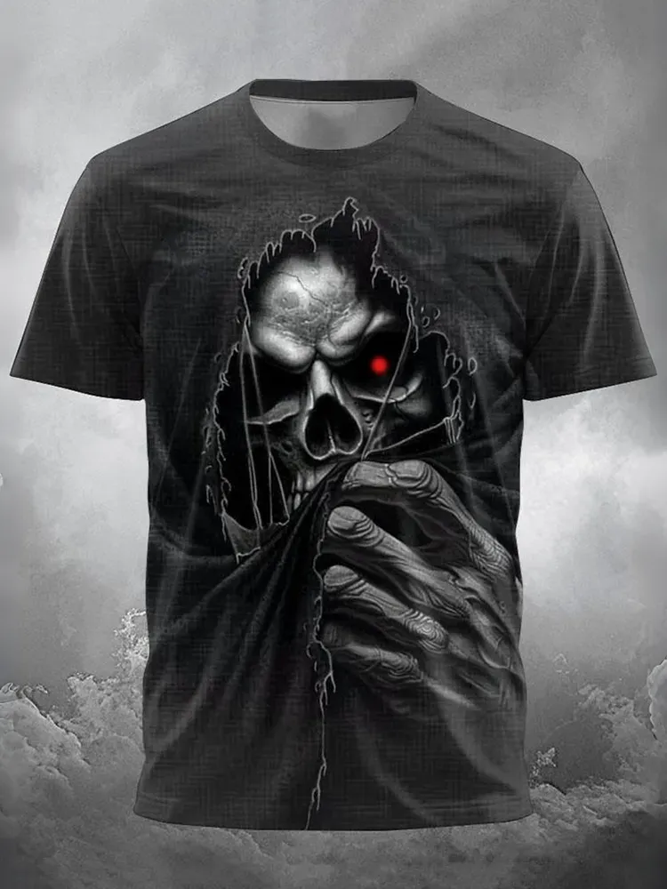Men's Halloween Dark Skull Print Crew Neck Short Sleeve T-shirt