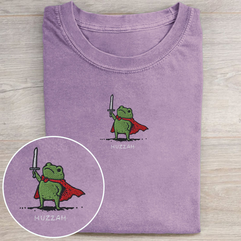 Huzzah Frog with Sword Embroidered Washed Tee