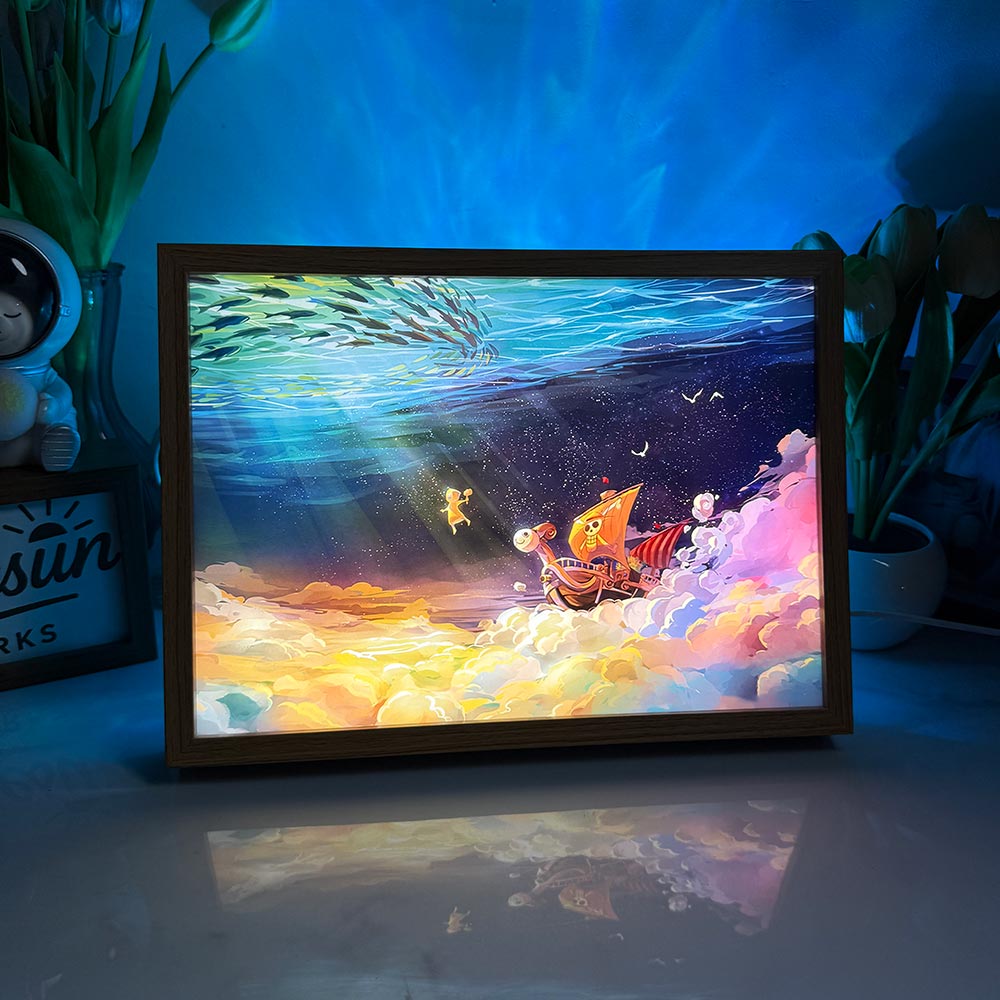 One Piece Going Merry LED Light Painting | Klabautermann Spirit Illuminated Art Box | Emotional & Nostalgic Anime Decor | 3-Color Dimmable Mood Light