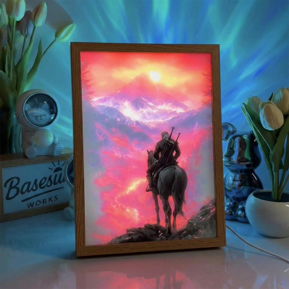 The Witcher 3 LED Light Painting | Geralt & Roach Illuminated Art Box | 3-Color Dimmable Gaming Decor with Remote | Epic Fantasy Mood Light