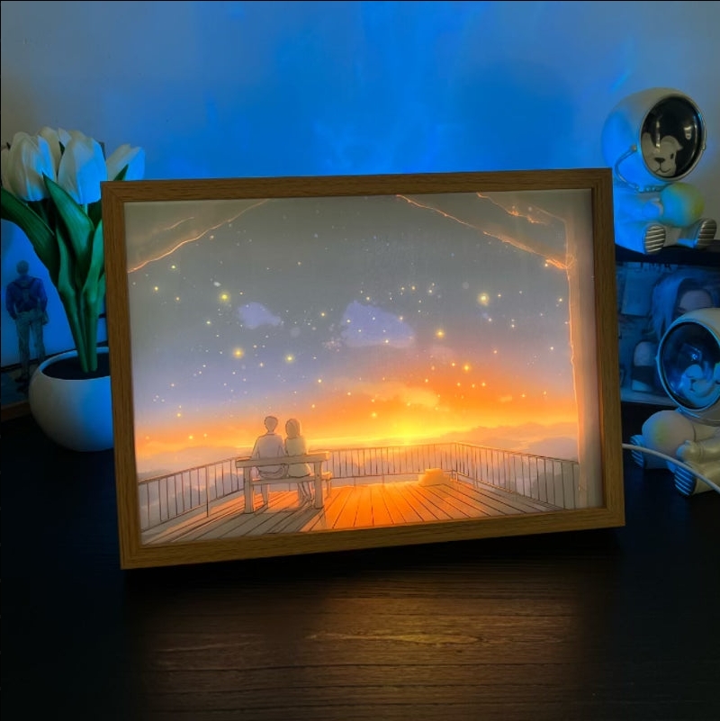 Couples in the Starry Dusk Light Up Painting Frame ArtWork Night Light Table Lamp