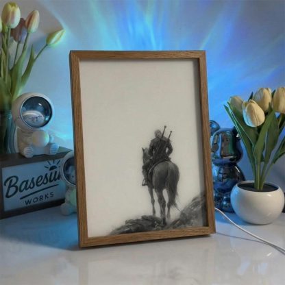 The Witcher 3 LED Light Painting | Geralt & Roach Illuminated Art Box | 3-Color Dimmable Gaming Decor with Remote | Epic Fantasy Mood Light