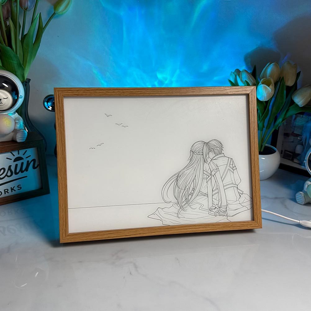 Sword Art Online LED Light Painting | Kirito & Asuna Aincrad Illuminated Art Box | Romantic Anime Decor | 3-Color Dimmable Mood Light with Remote
