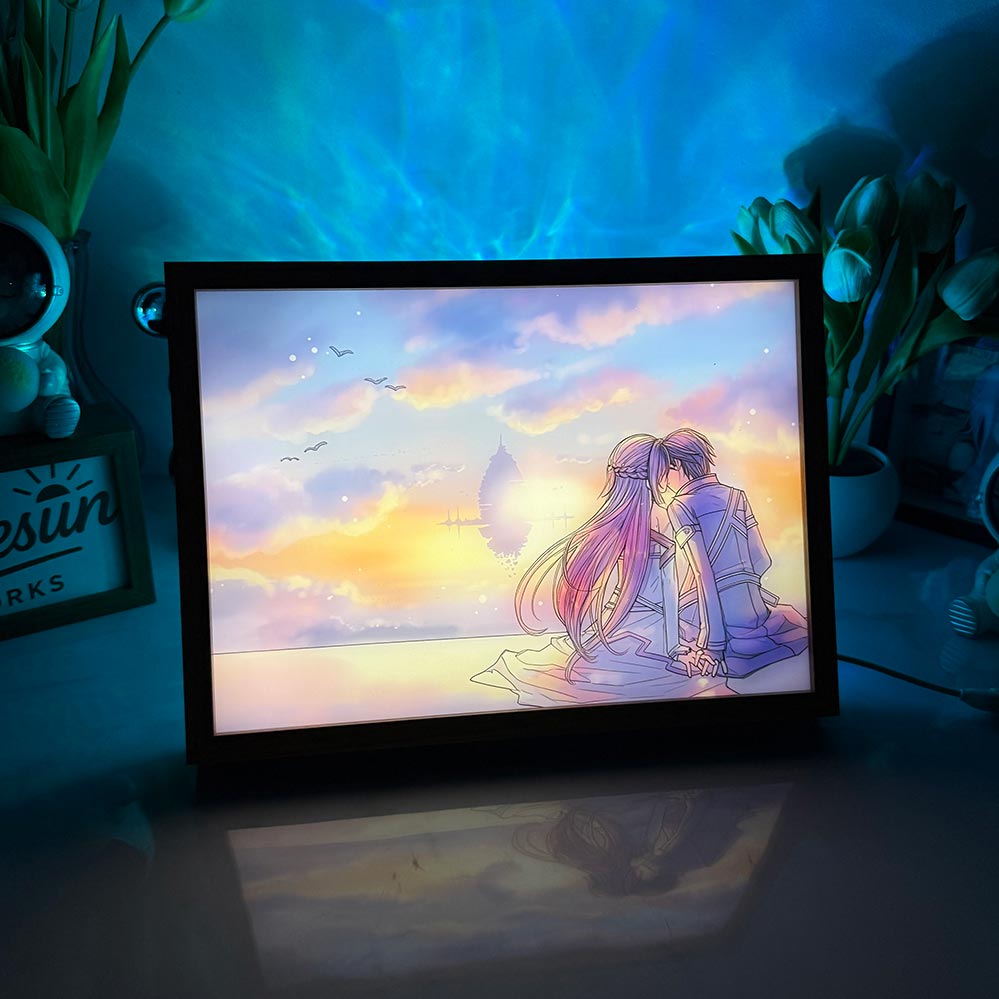 Sword Art Online LED Light Painting | Kirito & Asuna Aincrad Illuminated Art Box | Romantic Anime Decor | 3-Color Dimmable Mood Light with Remote
