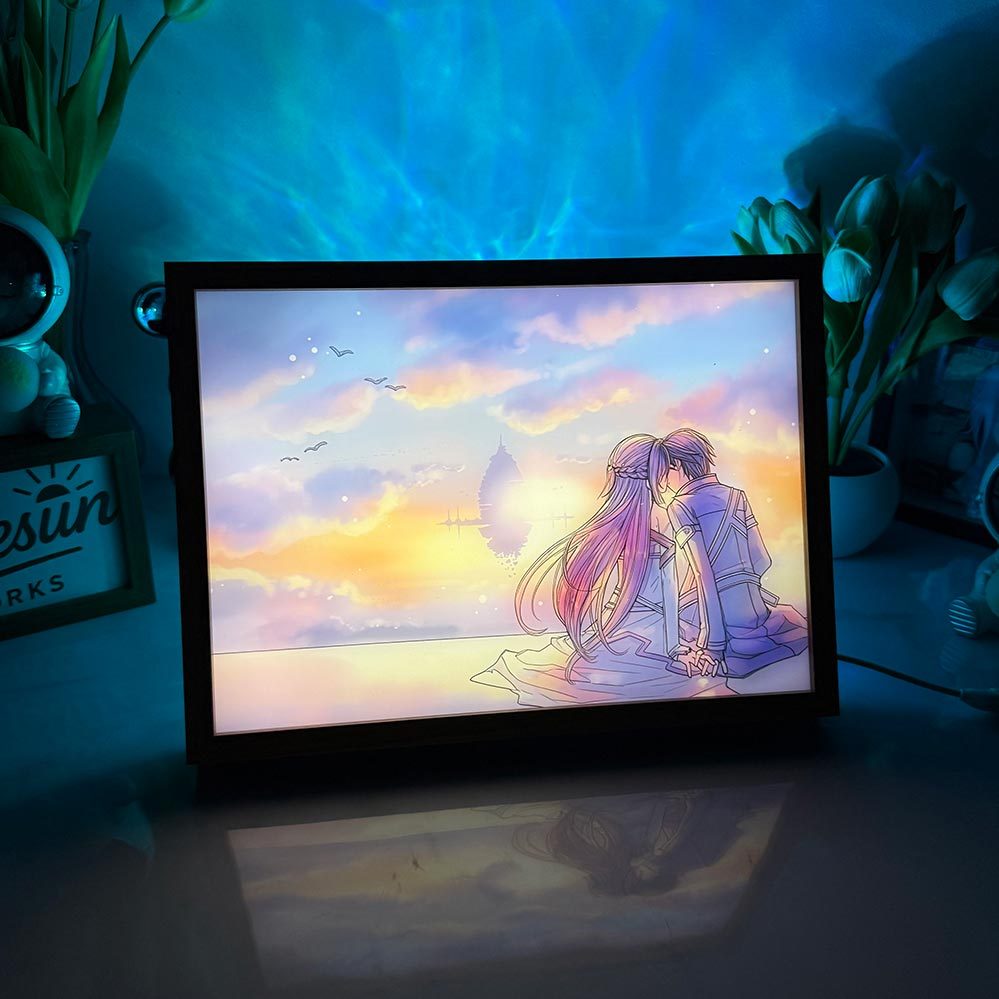 Sword Art Online LED Light Painting | Kirito & Asuna Aincrad Illuminated Art Box | Romantic Anime Decor | 3-Color Dimmable Mood Light with Remote