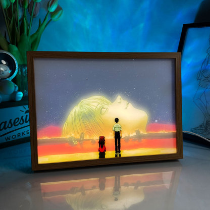 Neon Genesis Evangelion LED Light Painting | Shinji & Asuka "The End of Evangelion" Art Box | Cinematic Ending Decor | 3-Color Dimmable with Remote