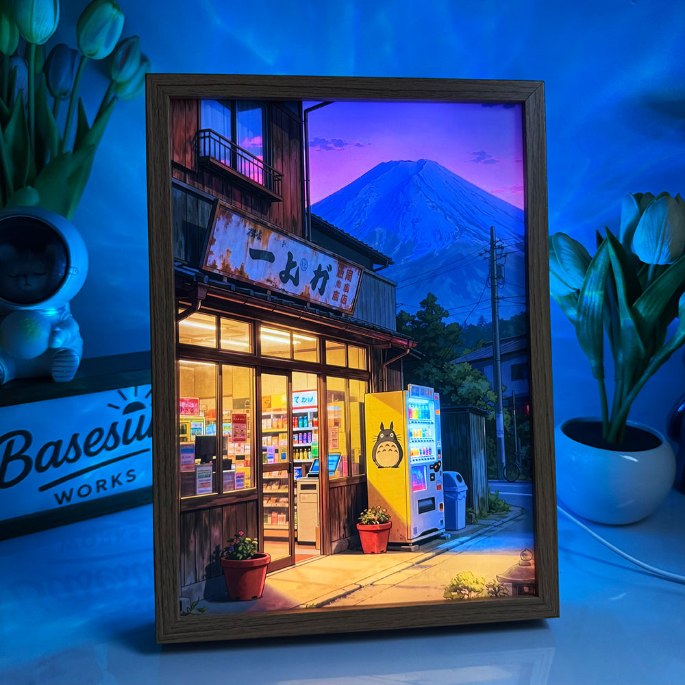 Mt. Fuji Little Shop LED Light Painting | Japanese Healing Scene Art Box | Cozy Street Corner Decor | 3-Color Dimmable Mood Light with Remote