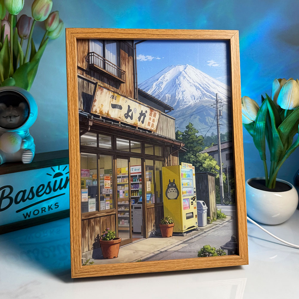 Mt. Fuji Little Shop LED Light Painting | Japanese Healing Scene Art Box | Cozy Street Corner Decor | 3-Color Dimmable Mood Light with Remote