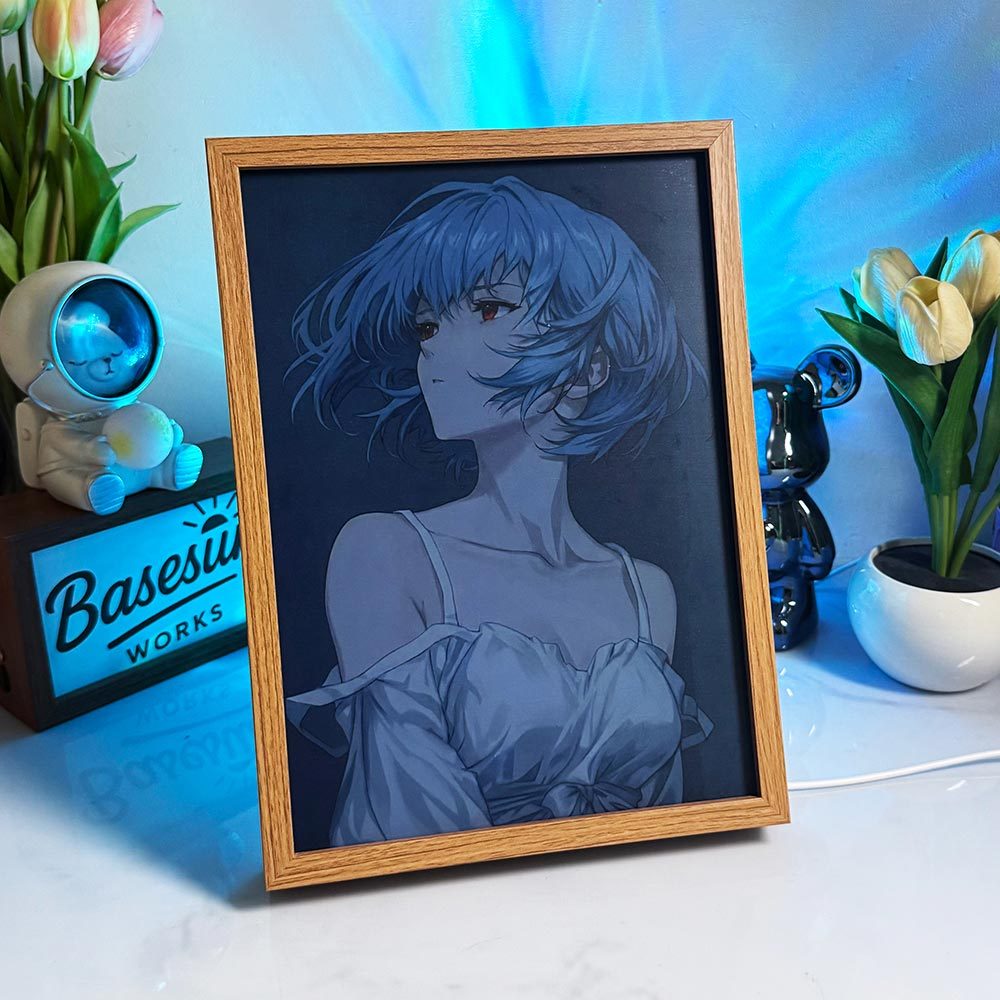 Rei Ayanami Ethereal Glow LED Light Box - Serene Anime Light Painting Frame - 3-Color Dimmable Shadow Box Art - Neon Genesis Evangelion Gift