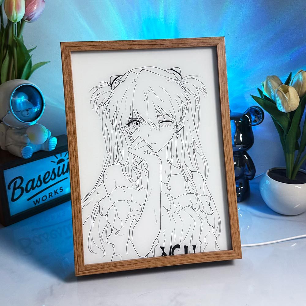Asuka Langley Summer Aesthetic LED Light Box - Winking Girl Anime Light Painting - 3-Color Dimmable Glow Frame - Evangelion Room Decor & Collectible Gift