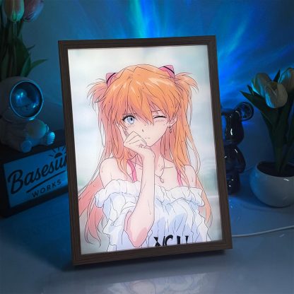 Asuka Langley Summer Aesthetic LED Light Box - Winking Girl Anime Light Painting - 3-Color Dimmable Glow Frame - Evangelion Room Decor & Collectible Gift