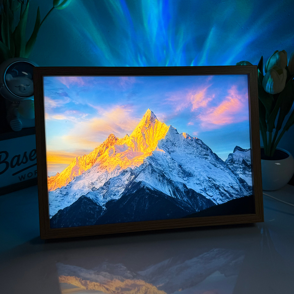 Golden Sunlight on Snow Mountain LED Light Painting - Majestic Meili Mountain Glow Frame - 3-Color Dimmable Wall Art - Symbolic Healing Gift & Home Decor