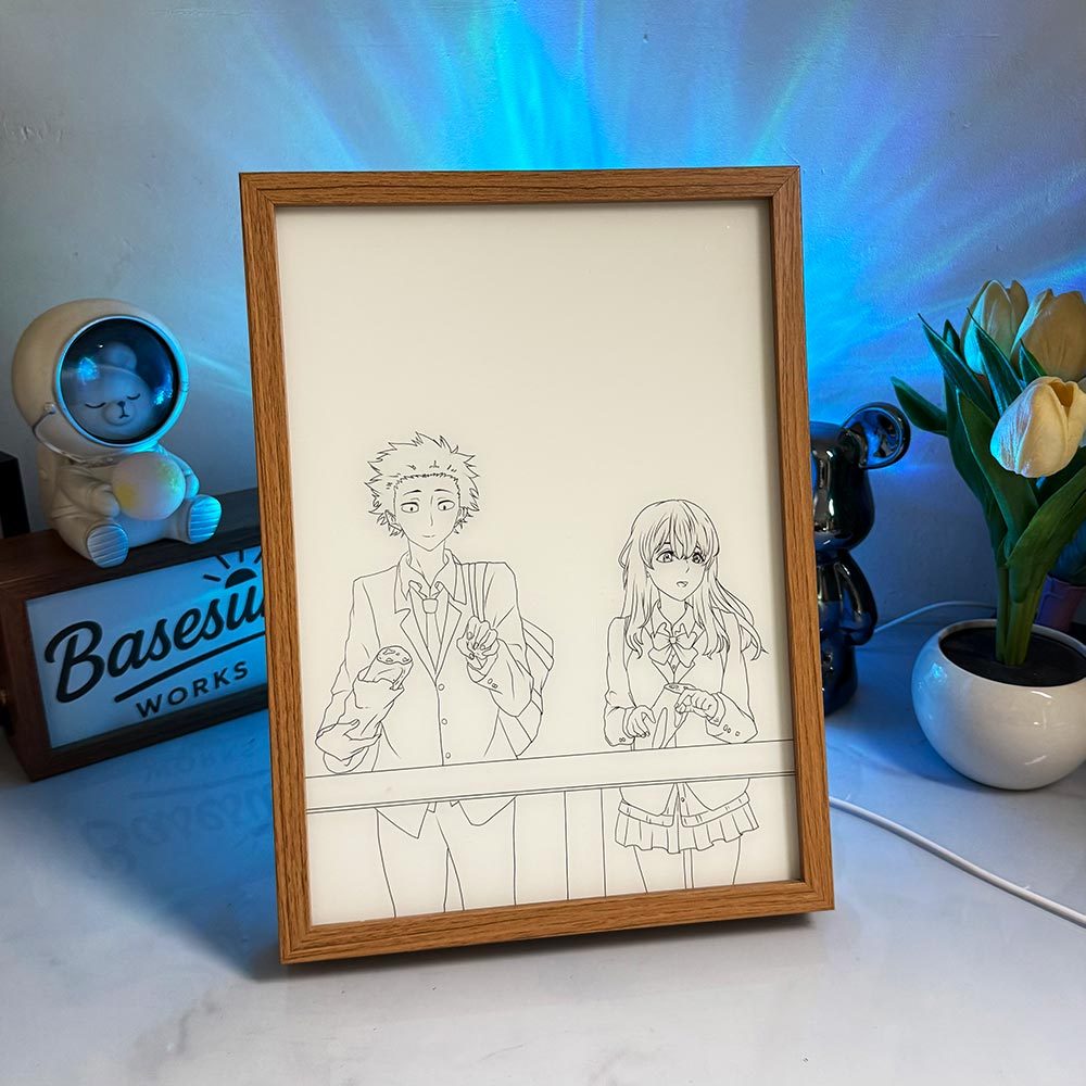 A Silent Voice (Koe no Katachi) LED Light Painting - Shoko & Shoya Sunset Glow Frame - 3-Color Dimmable Anime Light Box - Aesthetic Healing Art Gift