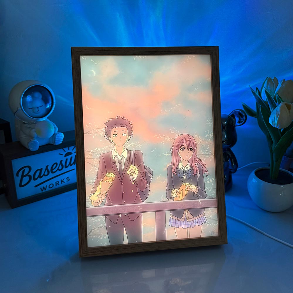 A Silent Voice (Koe no Katachi) LED Light Painting - Shoko & Shoya Sunset Glow Frame - 3-Color Dimmable Anime Light Box - Aesthetic Healing Art Gift