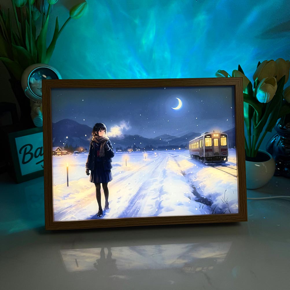 Winter Solitude LED Light Painting - Day to Night Transformation Glow Frame - 3-Color Dimmable Anime Light Box - Cozy Snowy Station Aesthetic Gift