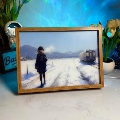 Winter Solitude LED Light Painting - Day to Night Transformation Glow Frame - 3-Color Dimmable Anime Light Box - Cozy Snowy Station Aesthetic Gift