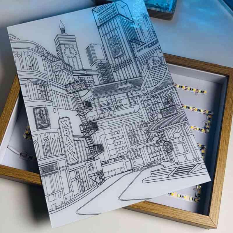 Cyberpunk Nightscape LED Light Painting – Neon Future in Light and Shadow Wall Art