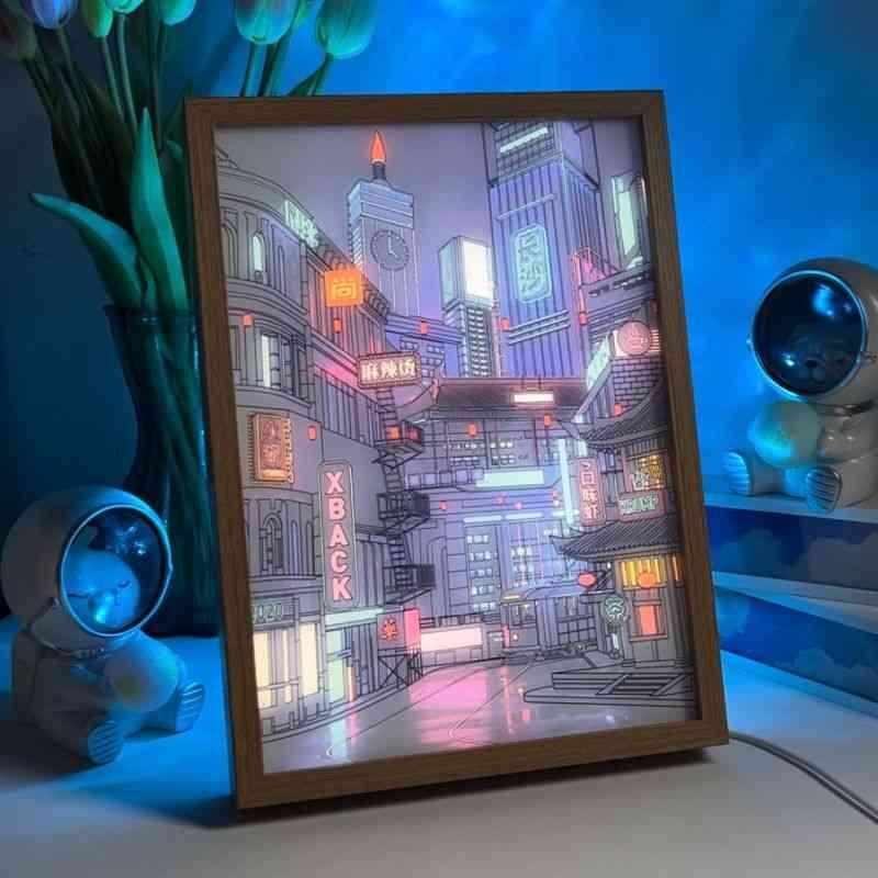 Cyberpunk Nightscape LED Light Painting – Neon Future in Light and Shadow Wall Art