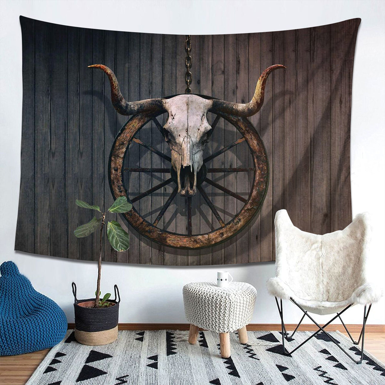 Boho Bull Longhorn Skull Head Tapestry