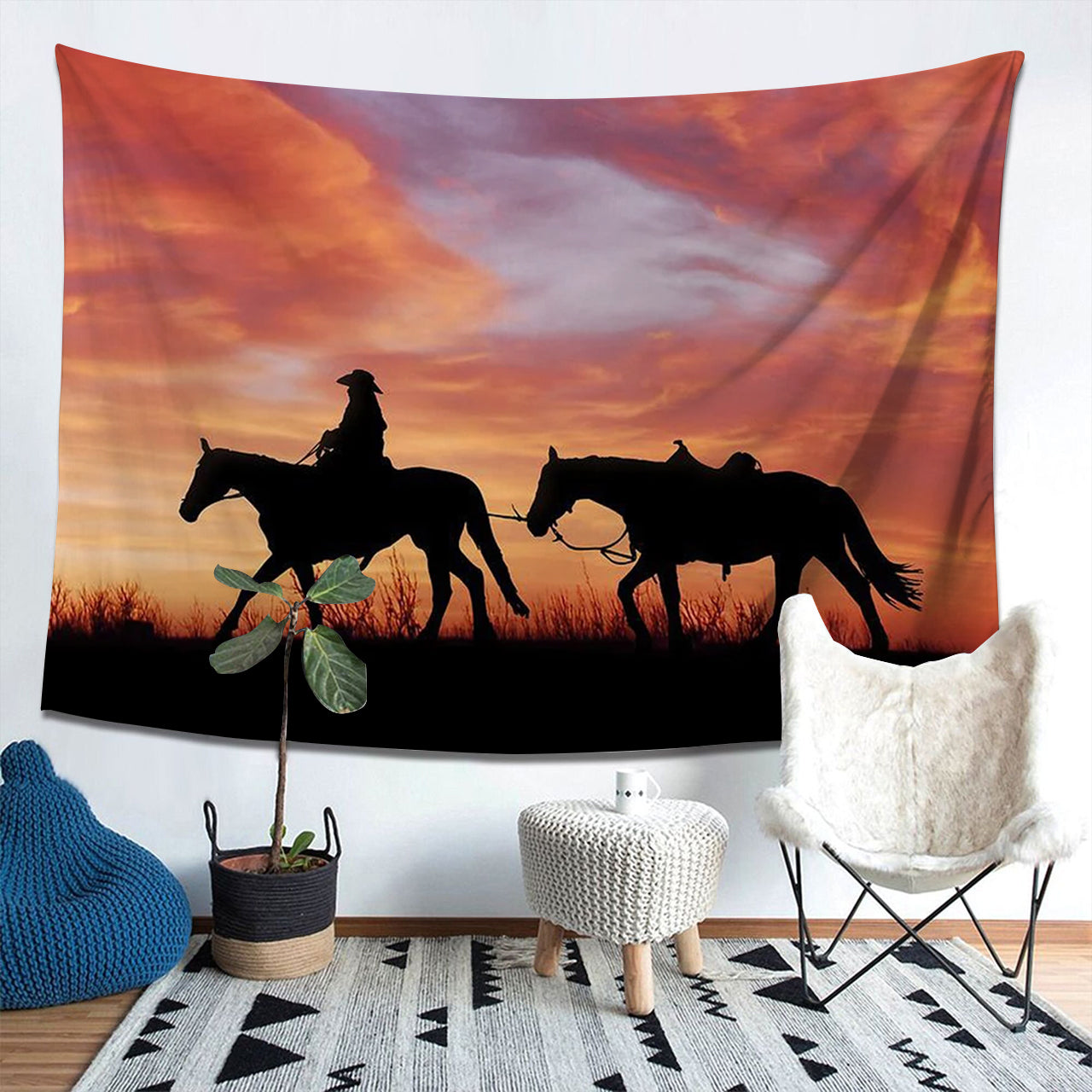 Cowboy Riding Horse tapestry for Bathroom Red Sunset Desert