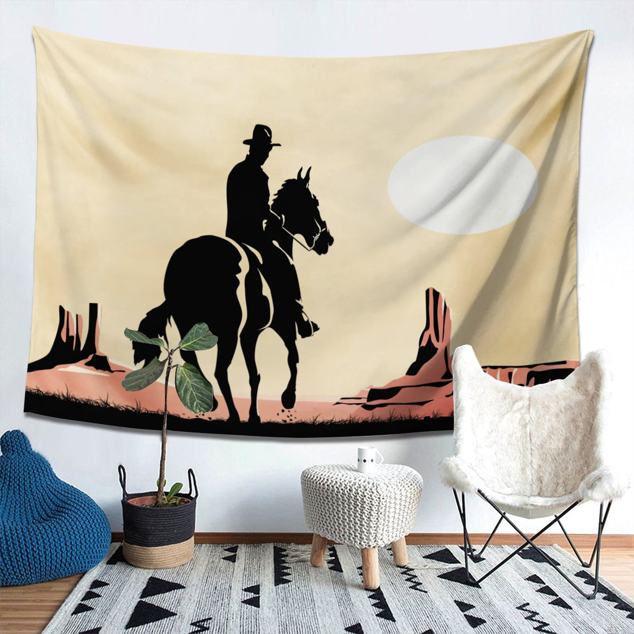 Wide Cowboy Horse Sunset Tapestry