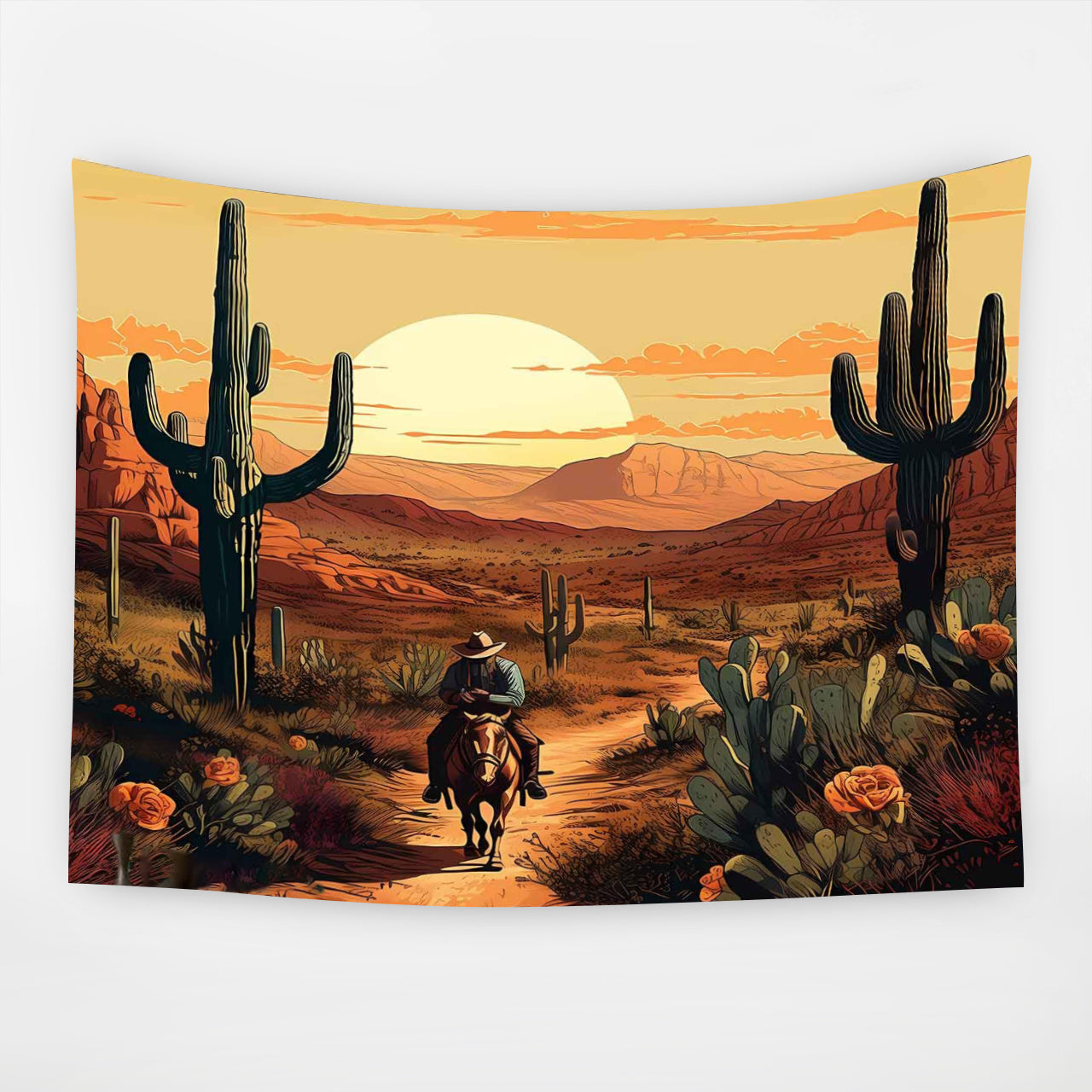 Cowboy Ride a House Tapestry Cactus Desert Mountain