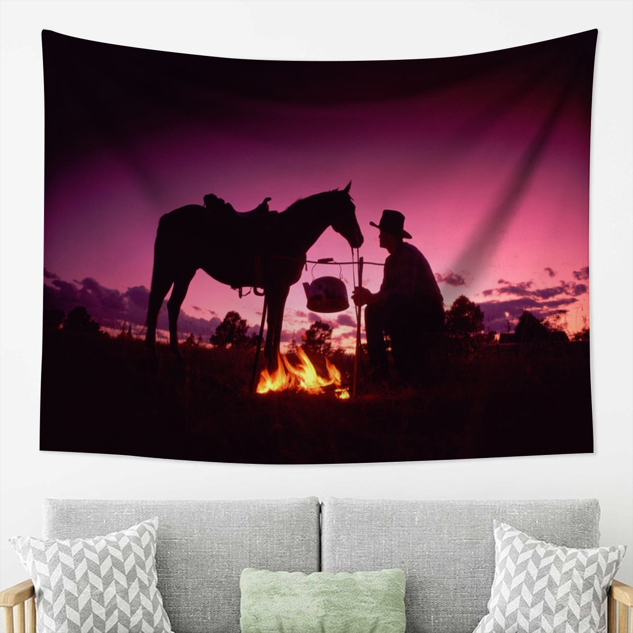 Romantic Cowboy Under the Purple Starry Sky Tapestry