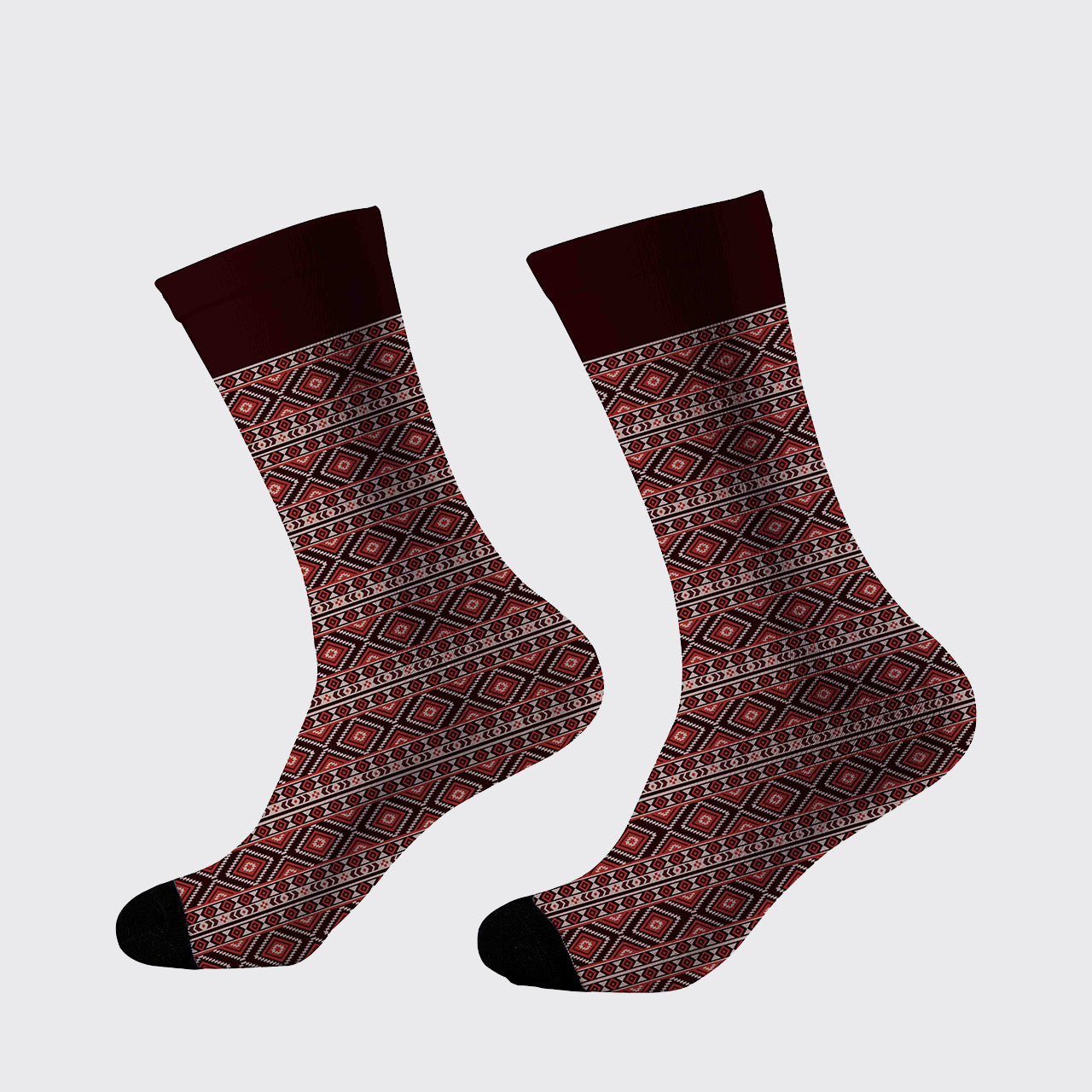 Wine Red Pattern Printed Cotton Socks