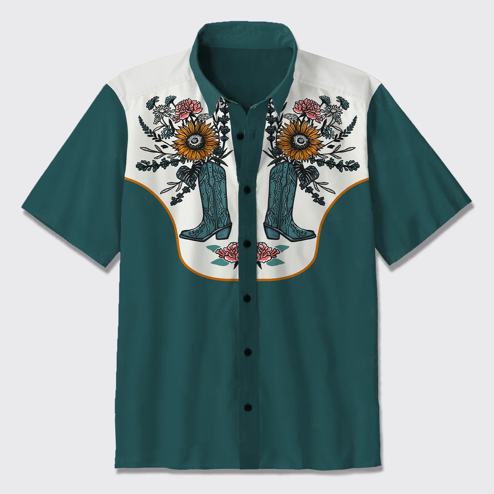 Cowboy Boots Floral Arrangement Button Up Shirts