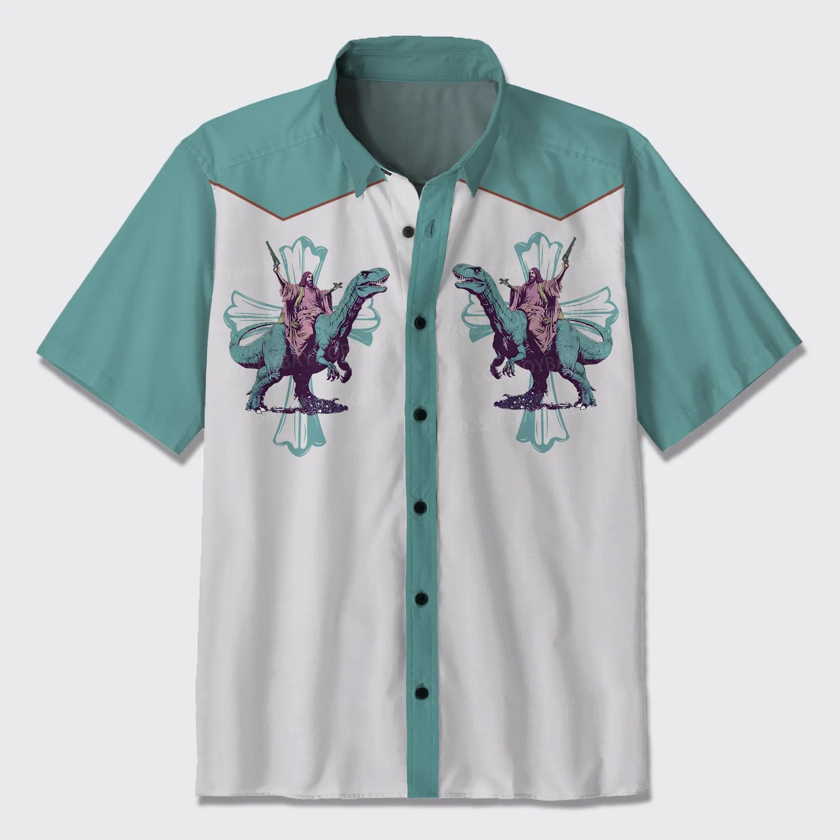 Jesus Riding A Dinosaur Button Up Shirts
